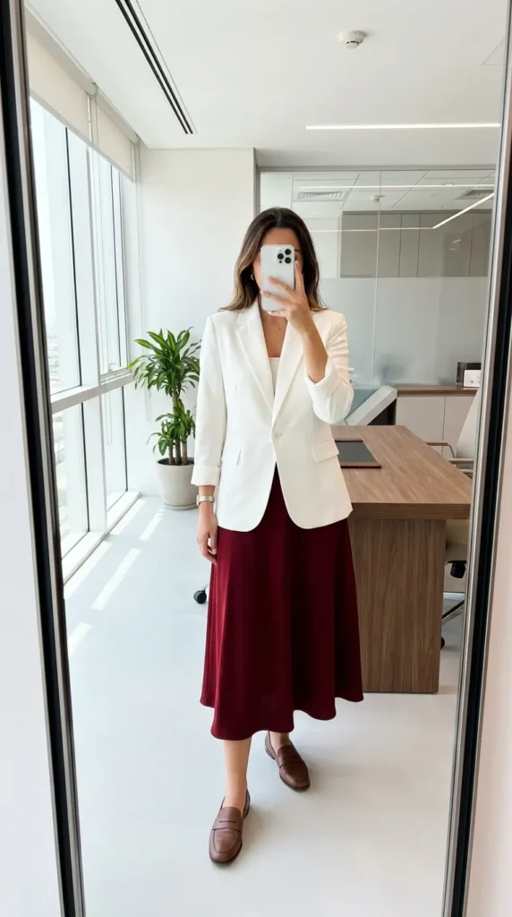 Woman in white fitted blazer with long red skirt outfit ideas for this summer in a modern office.