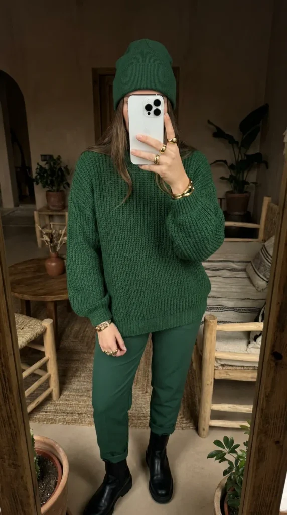 Woman in forest green beanie, sweater, pants & boots for bold Fall Monochrome Outfit Ideas.