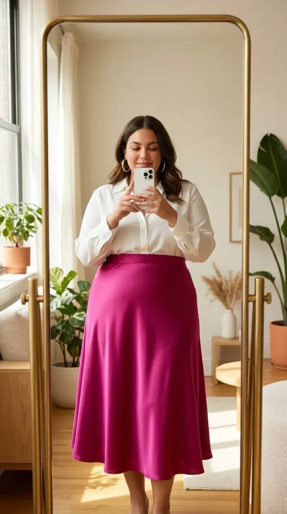 Plus size woman in white blouse and fuchsia midi skirt, chic All Pink Outfit Ideas for Plus Size women.