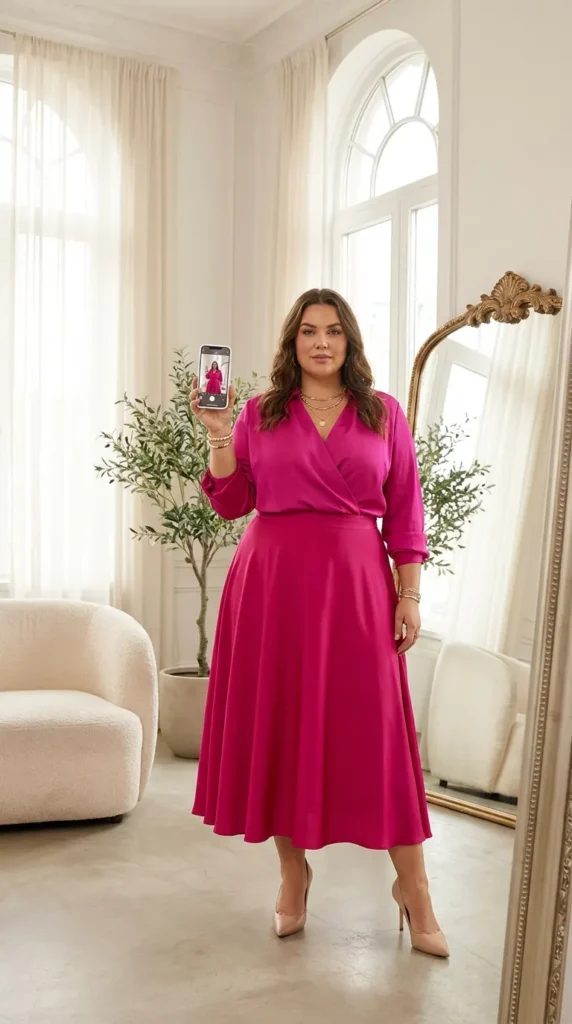 Plus size woman in fuchsia wrap top and flowy midi skirt, vibrant All Pink Outfit Ideas for Plus Size women.