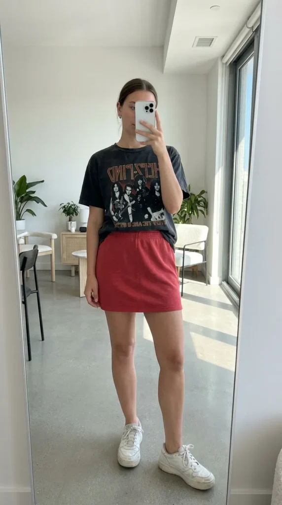 Woman in graphic band tee with casual short red skirt outfit ideas for this summer and white sneakers.