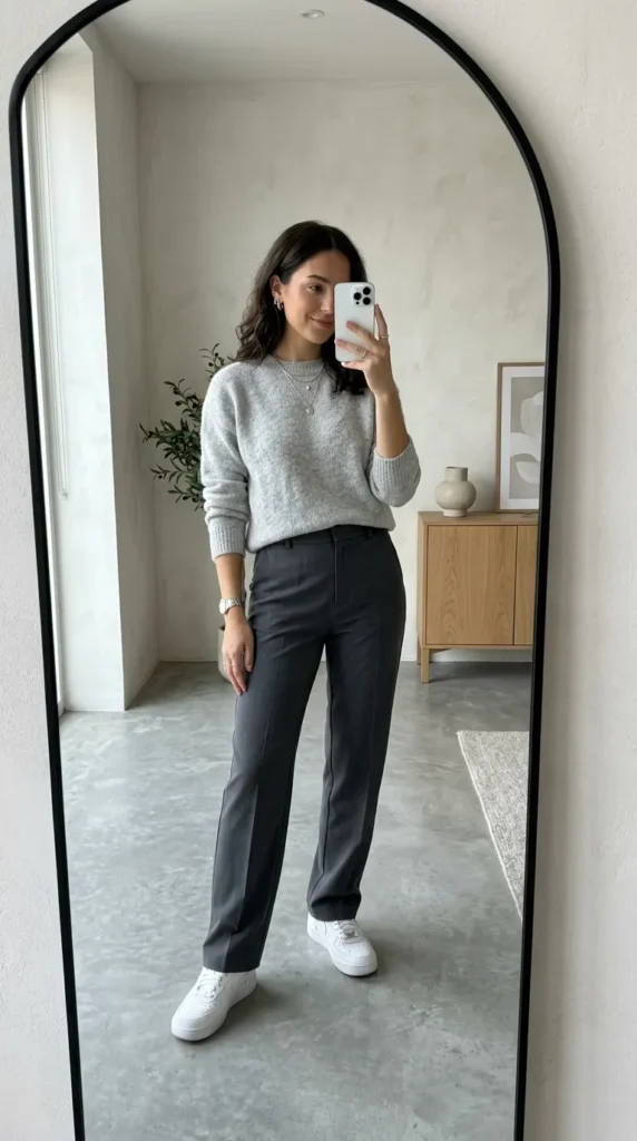 Woman in gray sweater and dark gray trousers taking mirror selfie. Monochrome Outfit Ideas That Make Getting Dressed Ridiculously Easy