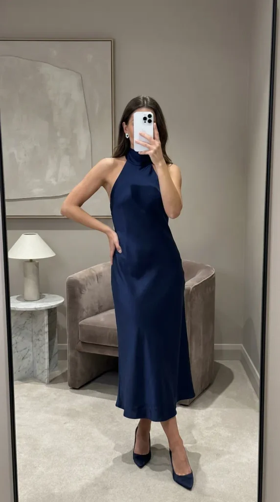 Sleek New Year Eve Outfit Ideas for Women in a navy blue satin halter neck midi dress.