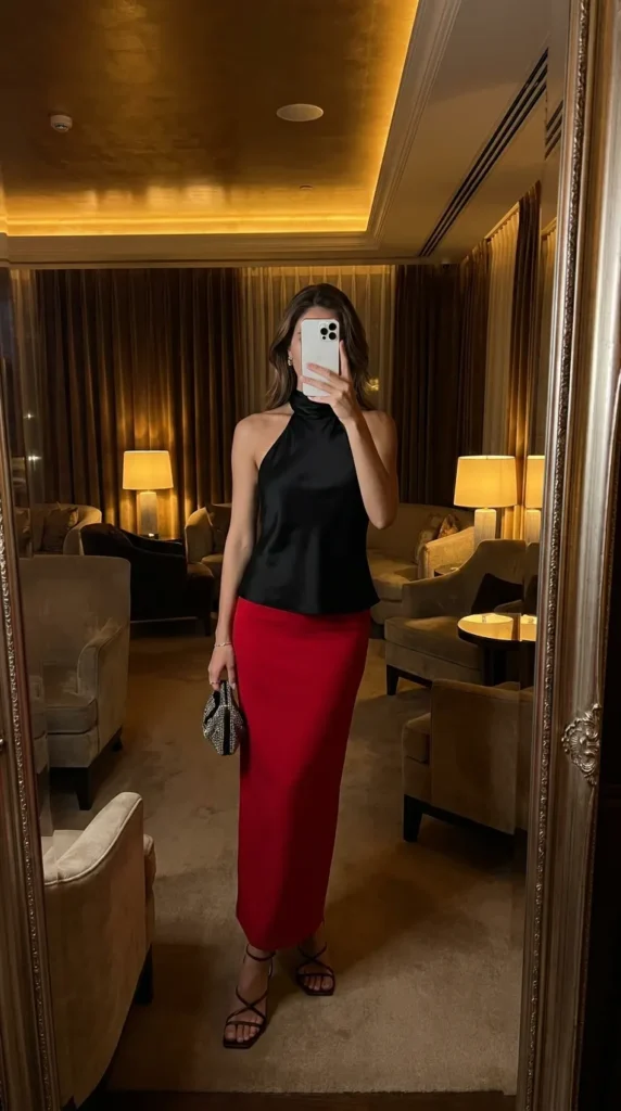 Woman in black satin halter top with red column long red skirt outfit ideas for this summer at night.