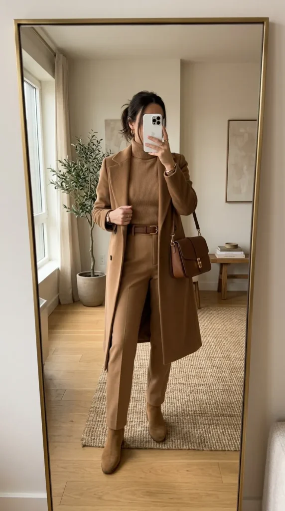Woman in camel coat, turtleneck and trousers with bag posing in mirror. Monochrome Outfit Ideas That Make Getting Dressed Ridiculously Easy