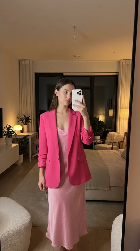Woman in a hot pink blazer over a light pink slip dress indoors, bold All Pink Summer Outfit Ideas.