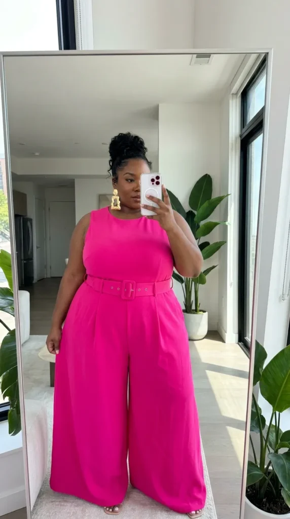 Plus size woman in hot pink belted jumpsuit, bold All Pink Outfit Ideas for Plus Size women statement.