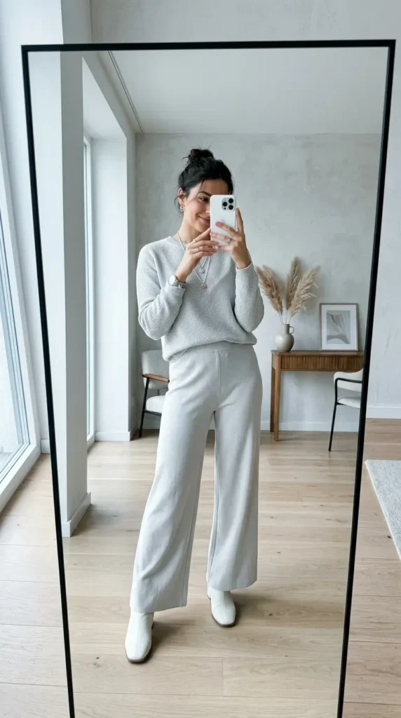Woman in light gray sweater and wide-leg pants posing in mirror. Monochrome Outfit Ideas That Make Getting Dressed Ridiculously Easy