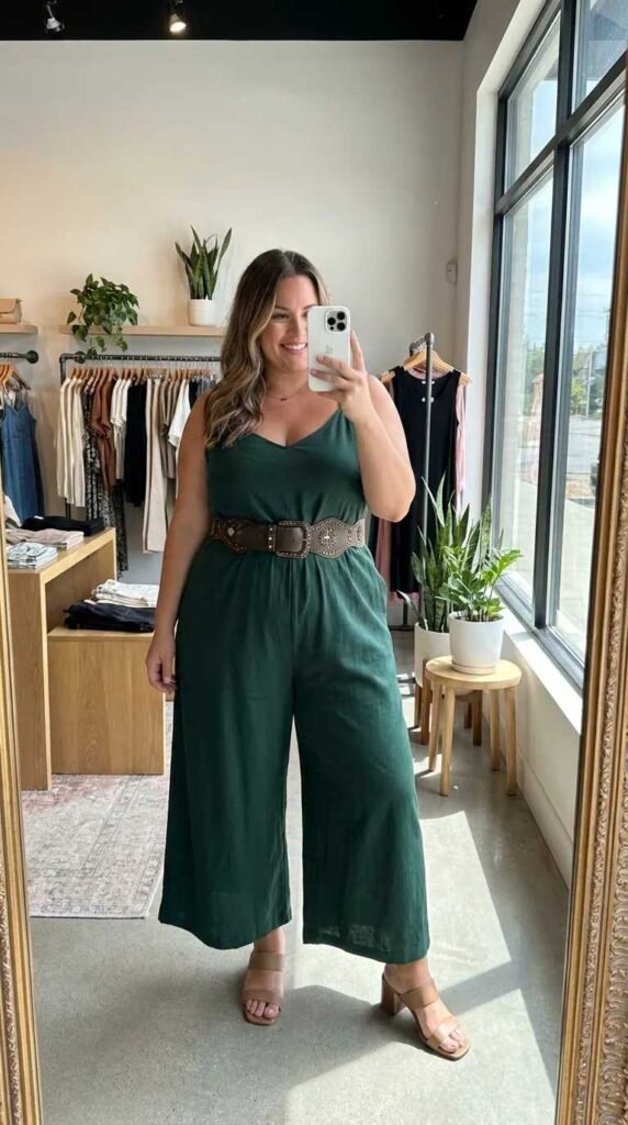 Plus-size woman in green jumpsuit with statement belt as business casual outfit ideas for plus size women.