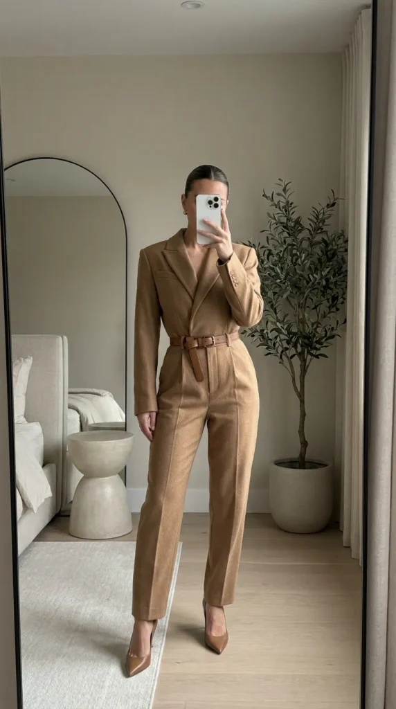 Sophisticated New Year Eve Outfit Ideas for Women in a tailored camel jumpsuit with belt.