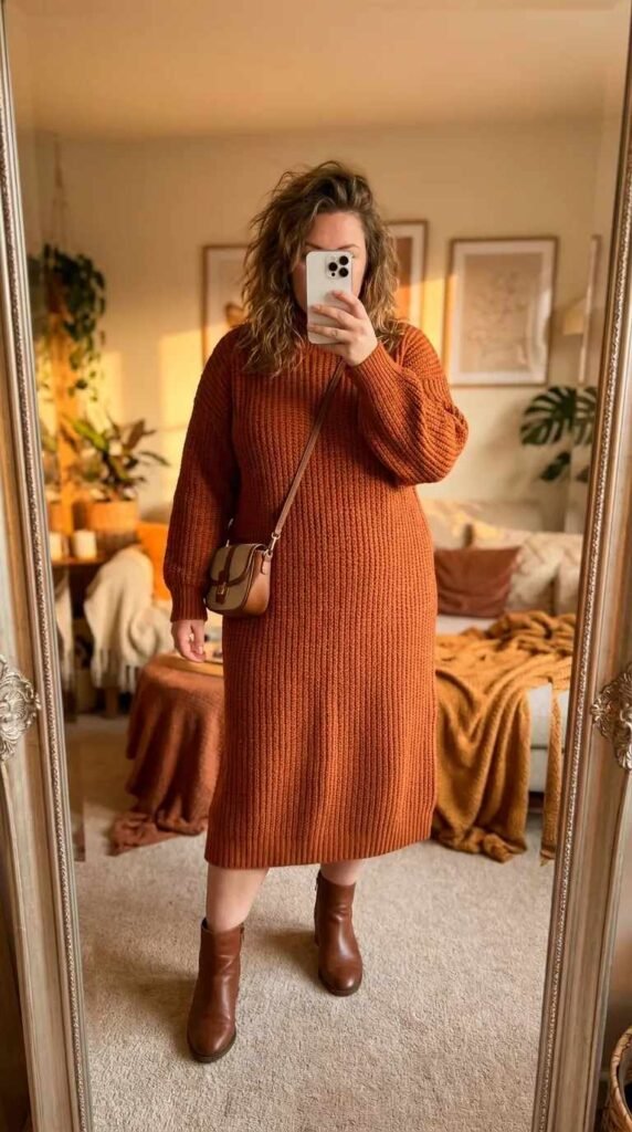 Plus-size woman in rust knit dress and ankle boots showing business casual outfit ideas for plus size women.