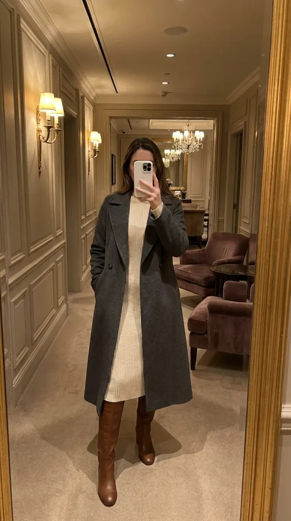 Woman in cream knit dress, long grey coat and tall boots for New Year Outfit Ideas Parties.