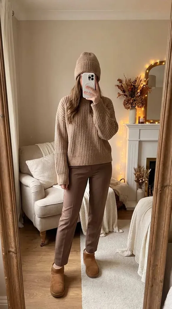 Woman in beige beanie, ribbed sweater, brown pants & boots – cozy Fall Monochrome Outfit Ideas.