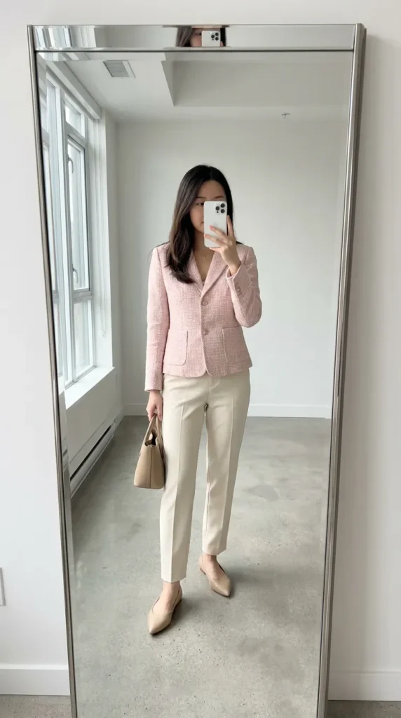 Woman in light pink tweed blazer with beige trousers and bag – Light Pink Outfit Ideas for Women