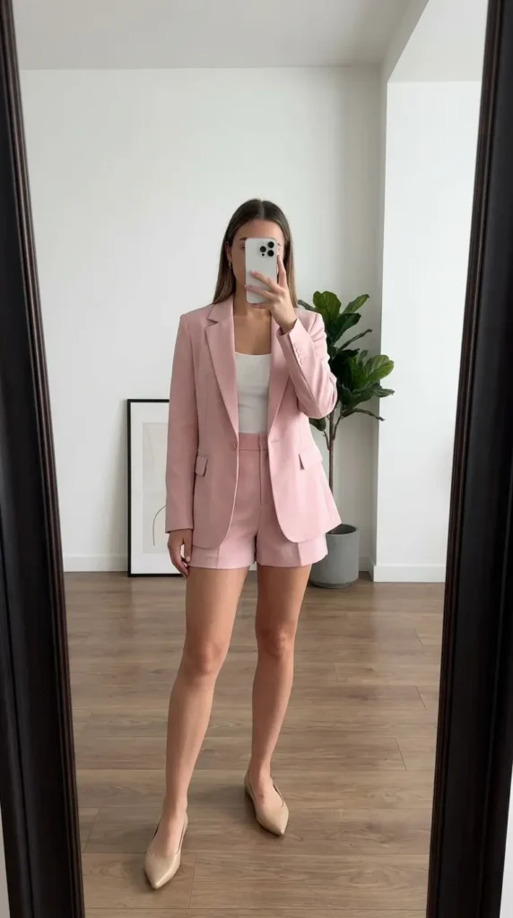 Woman in light pink blazer and matching shorts, chic Light Pink Outfit Ideas for Summer suit.