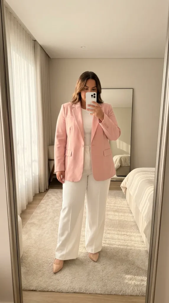 Plus-size woman in light pink blazer and white wide-leg trousers – Light Pink Outfit Ideas for Plus Size Women