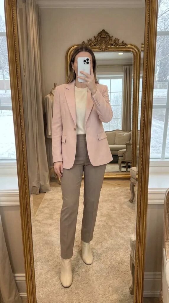 Light Pink Outfit Ideas for Winter with a soft pink blazer, cream top, taupe trousers and boots.