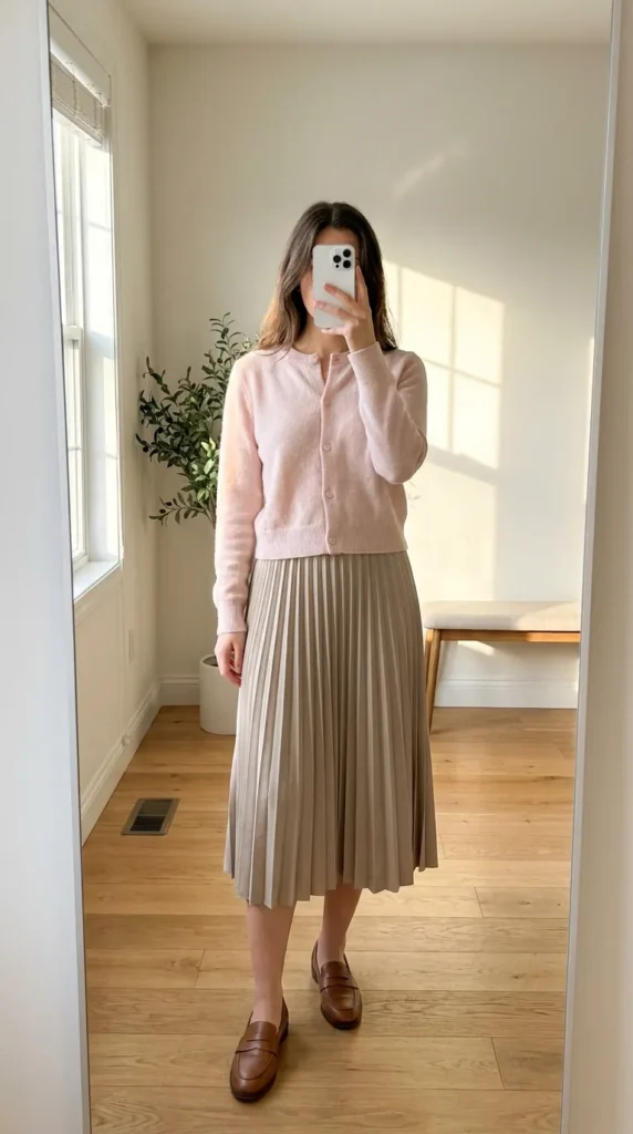 Woman in light pink cardigan and beige pleated midi skirt with loafers, soft light pink outfit ideas for fall.