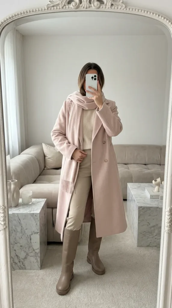 Light Pink Outfit Ideas for Winter in a light pink coat with matching scarf, neutrals and tall boots.