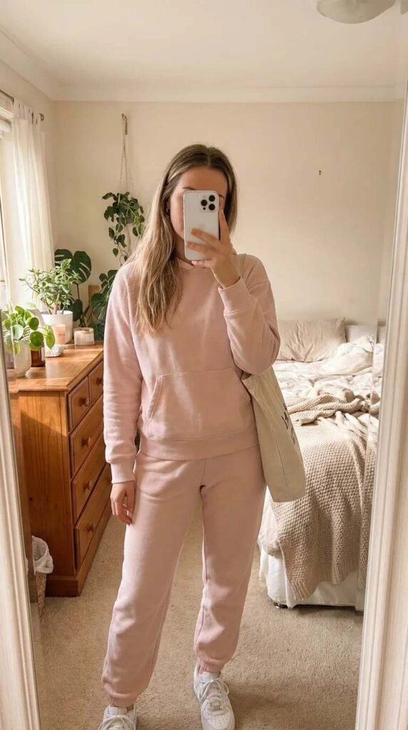 Woman in light pink hoodie and matching joggers with sneakers, comfy light pink outfit ideas for fall.
