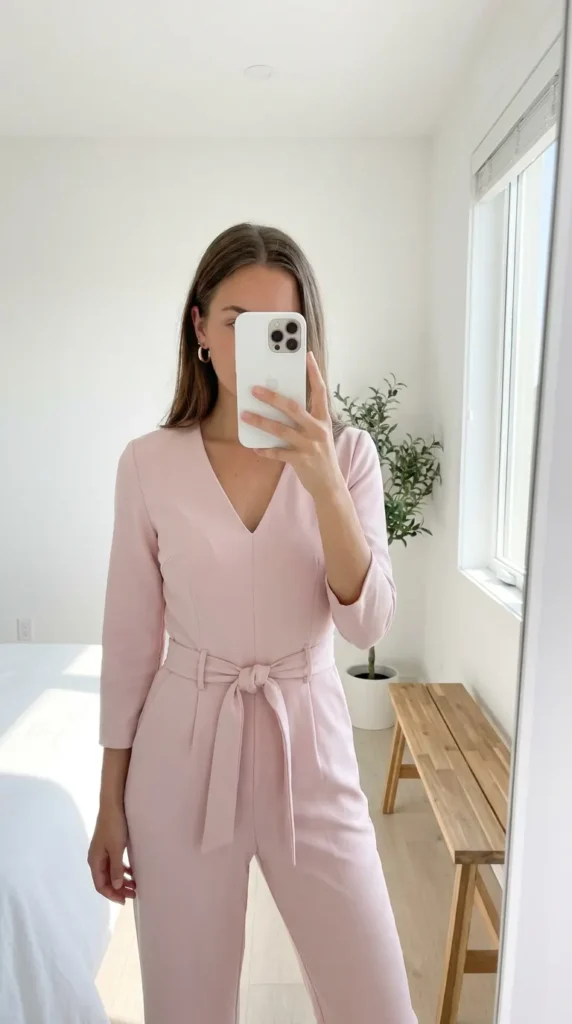 Woman in light pink belted jumpsuit taking a mirror selfie, sleek Light Pink Outfit Ideas for Summer.