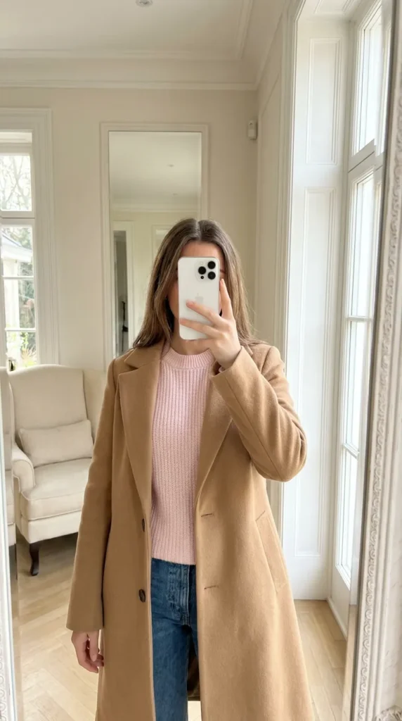 Woman in light pink knit under long camel coat with jeans, layered light pink outfit ideas for fall.