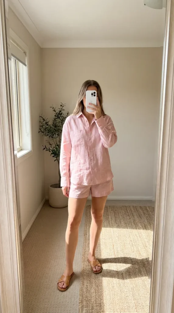 Woman in light pink linen shirt and matching shorts, easy Light Pink Outfit Ideas for Summer set.