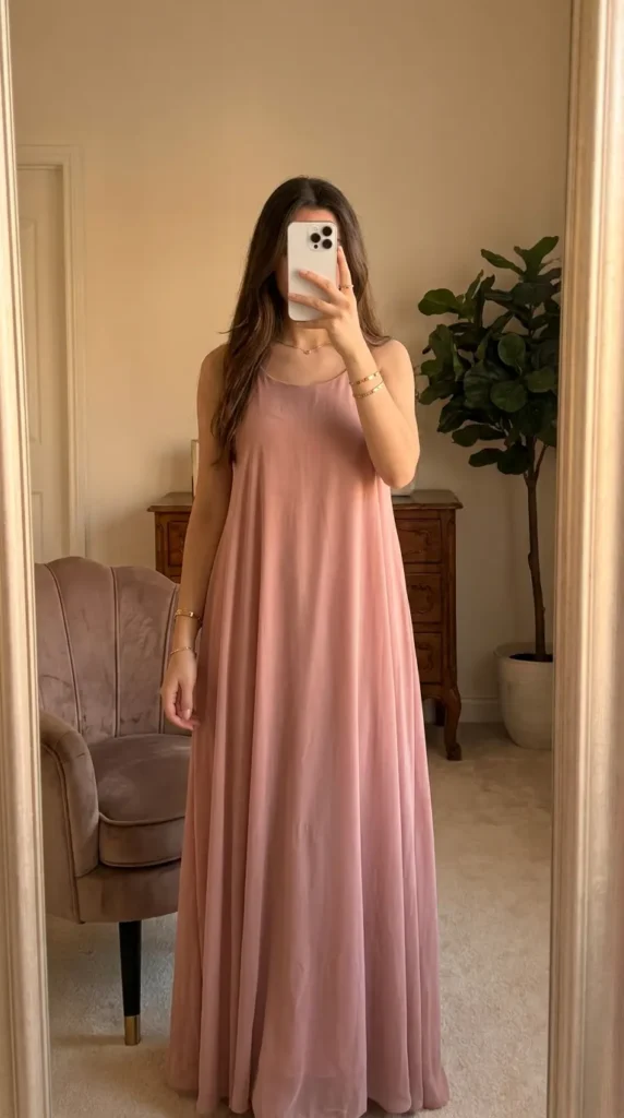 Woman in flowing light pink maxi dress, elegant and simple Light Pink Outfit Ideas for Summer look.