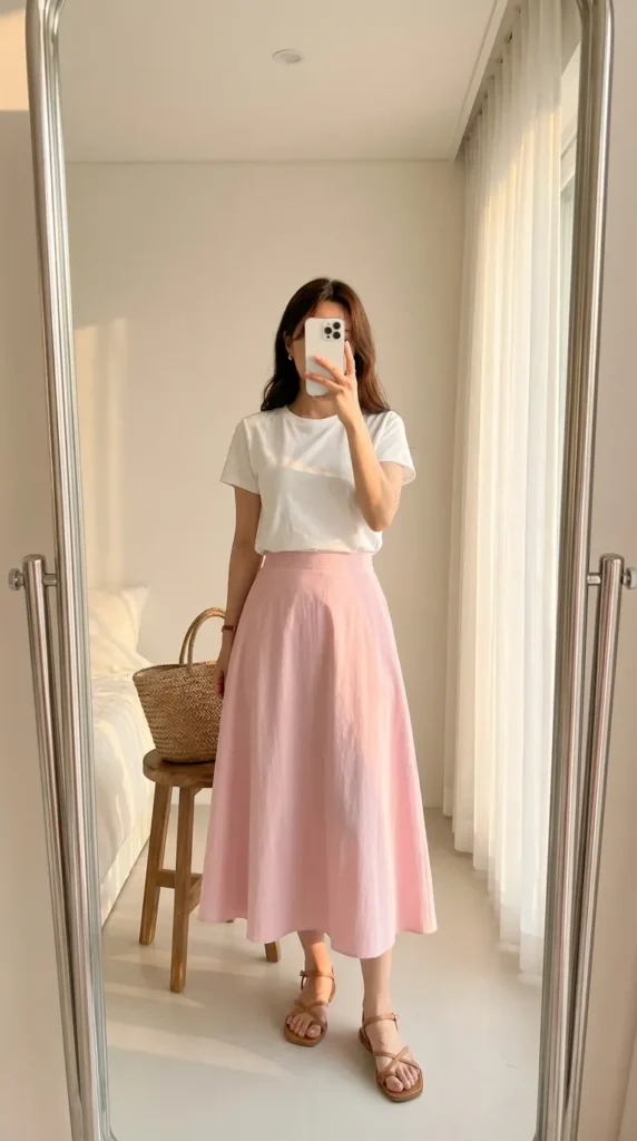 Woman in white tee and light pink midi skirt with sandals – Light Pink Outfit Ideas for Women