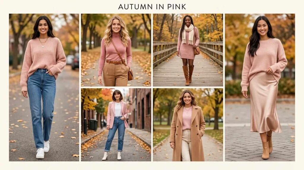 Collage of women in soft pink sweaters, dresses and coats showcasing light pink outfit ideas for fall amid autumn trees.