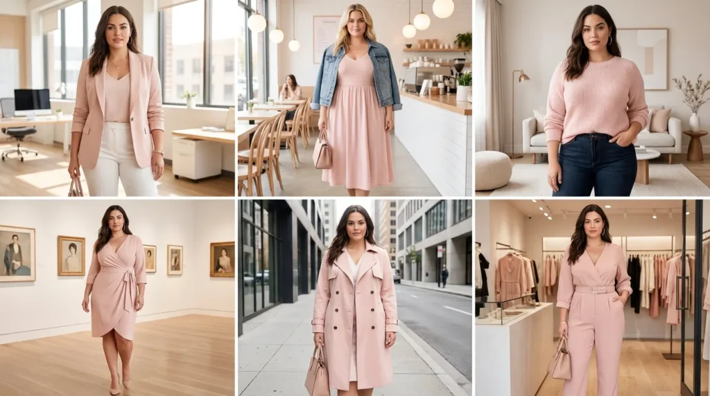 Collage of stylish Light Pink Outfit Ideas for Plus Size Women in blazers, dresses and casual looks