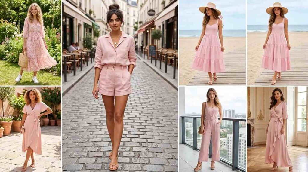 Collage of stylish women in soft blush dresses, sets and shorts showing Light Pink Outfit Ideas for Summer.