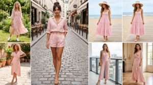 Collage of stylish women in soft blush dresses, sets and shorts showing Light Pink Outfit Ideas for Summer.