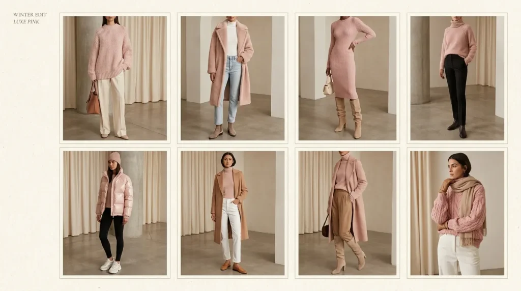Light Pink Outfit Ideas for Winter shown in a stylish collage of eight cozy pink looks.