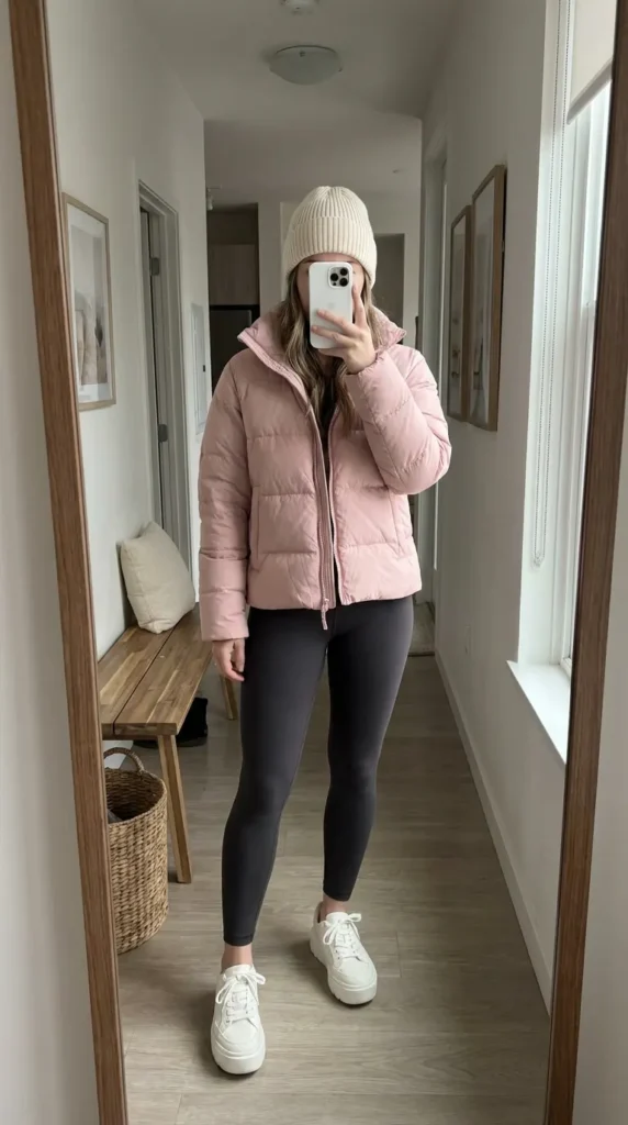 Light Pink Outfit Ideas for Winter showing a pink puffer jacket, leggings, beanie and white sneakers.