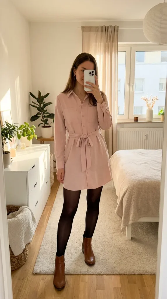 Woman in light pink shirt dress with black tights and boots, simple light pink outfit ideas for fall.