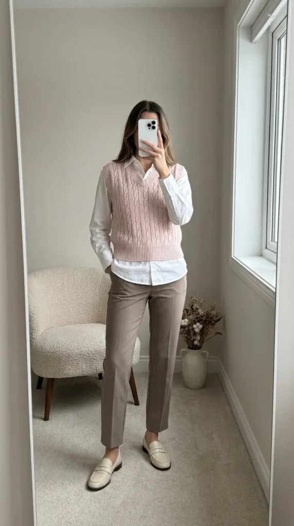 Light Pink Outfit Ideas for Winter with a pink sweater vest over a white shirt and taupe trousers.