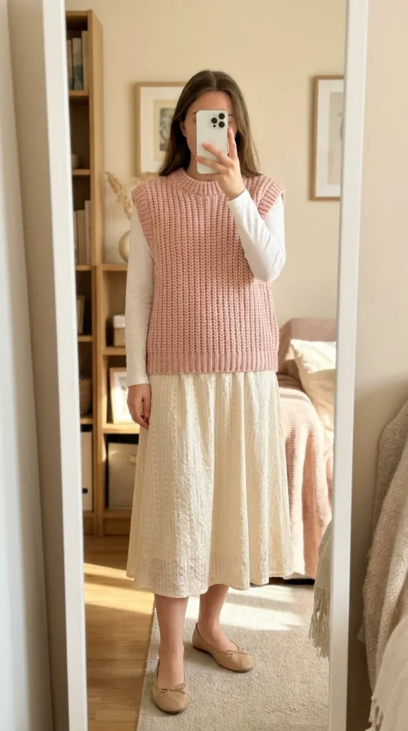 Woman in light pink knit vest over white top with cream skirt, soft Light Pink Outfit Ideas for Summer.