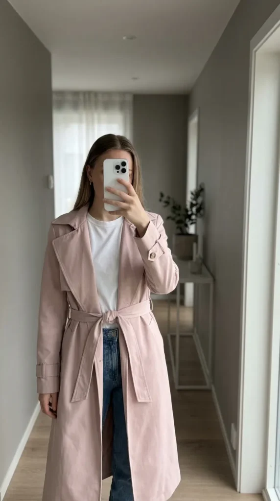 Woman in light pink trench coat over white tee and jeans – Light Pink Outfit Ideas for Women