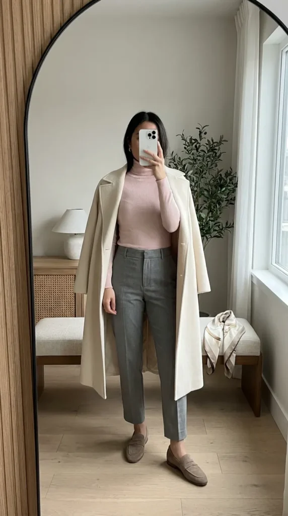 Light Pink Outfit Ideas for Winter featuring a matching blush knit set under a long coat and boots.