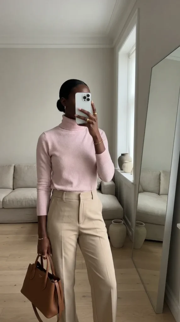 Black woman in light pink turtleneck and beige trousers holding a bag – All Pink Outfit Ideas for Black Women
