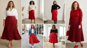 Collage of plus size women in various long red skirts, inspiring Long Red Skirt Outfit Ideas for Plus Size women