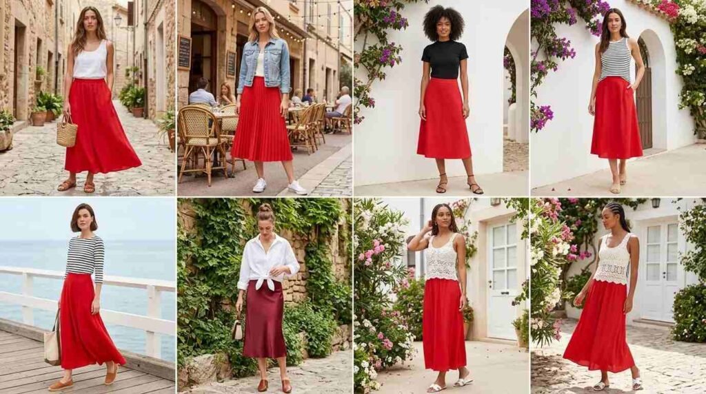 Women modeling varied long red skirt outfit ideas for this summer across sunny outdoor and café scenes.