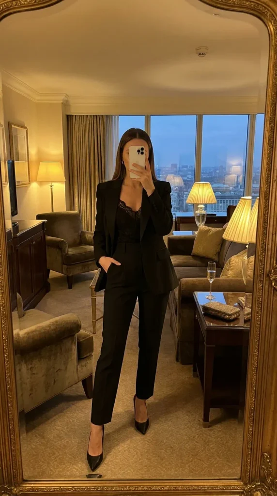 Woman in matching black blazer set with lace camisole and heels for New Year Outfit Ideas Parties.