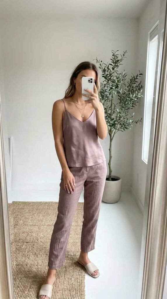 Woman in mauve cami and matching linen trousers taking a mirror selfie, part of All Pink Summer Outfit Ideas.