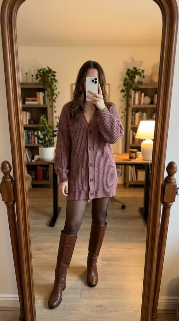 Woman in oversized mauve cardigan dress and boots displaying All Pink Fall Outfit Ideas indoors.