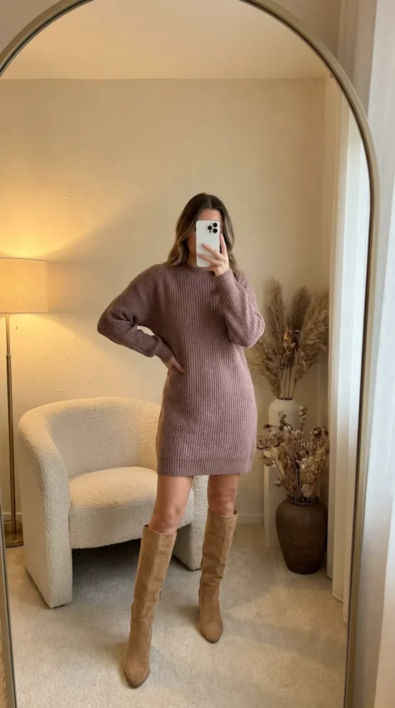 Woman in mauve ribbed knit dress with tall beige boots – cozy All Pink Outfit Ideas for Winter