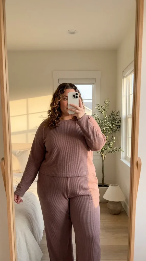 Plus size woman in mauve monochrome loungewear set, comfy All Pink Outfit Ideas for Plus Size women style.