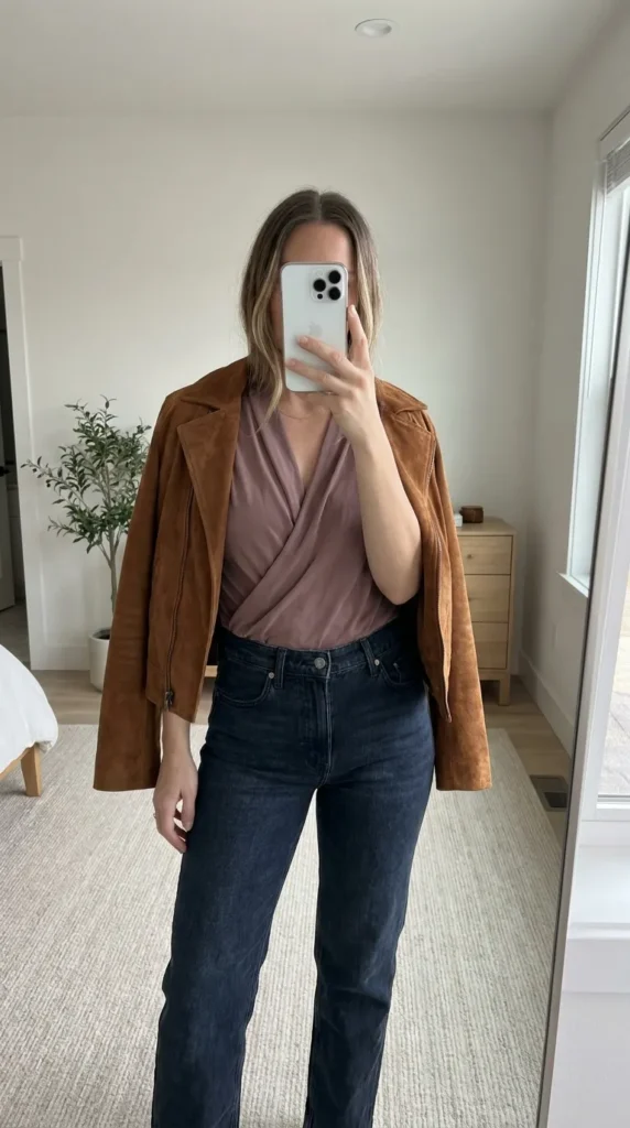 Woman in mauve wrap top and jeans with suede jacket showing All Pink Fall Outfit Ideas indoors.