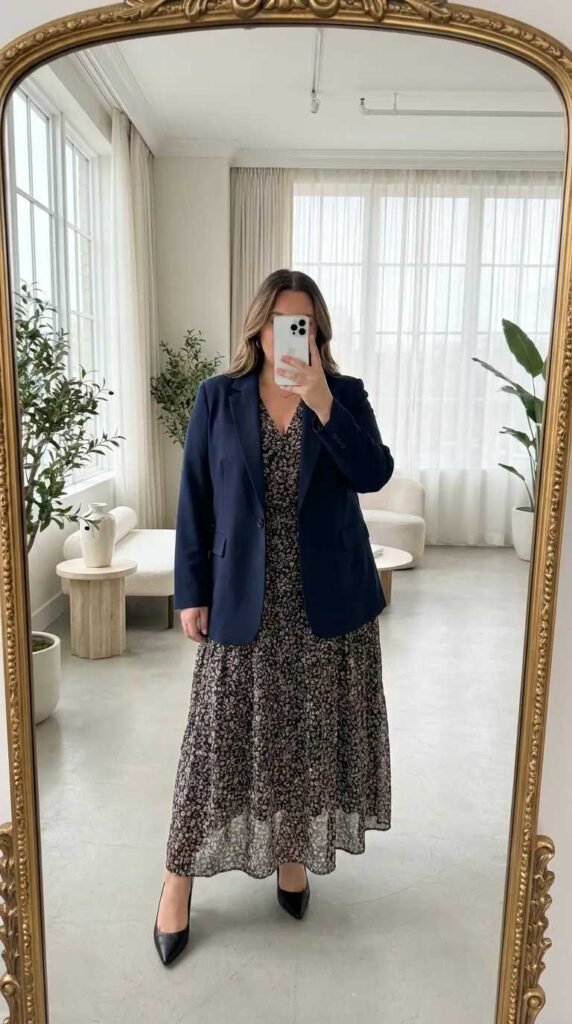 Plus-size woman in floral maxi dress and navy blazer for business casual outfit ideas for plus size women.